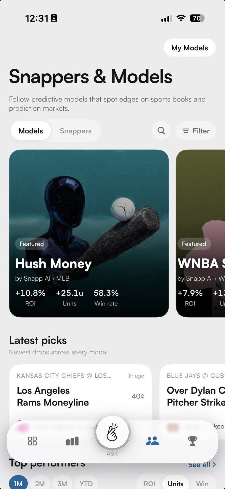 Snappers & Models tab on iPhone with graded model records showing ROI, units, and win rate.