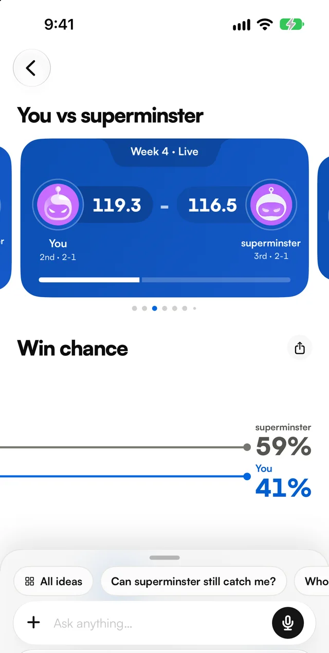 The same matchup live in the Snapp app: 119.3 to 116.5, with a 41 percent chance to win