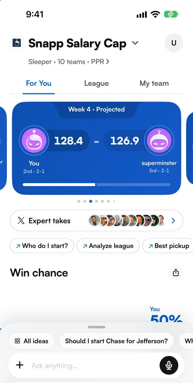 A fantasy football matchup before kickoff in the Snapp app: projected 128.4 to 126.9, a 50 percent win chance