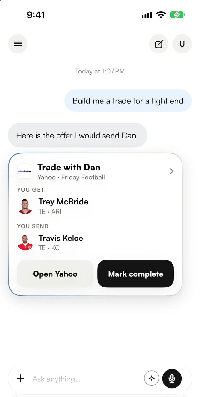 Asking Snapp for a tight end trade: it builds the offer, get Trey McBride and send Travis Kelce, ready to send in Yahoo