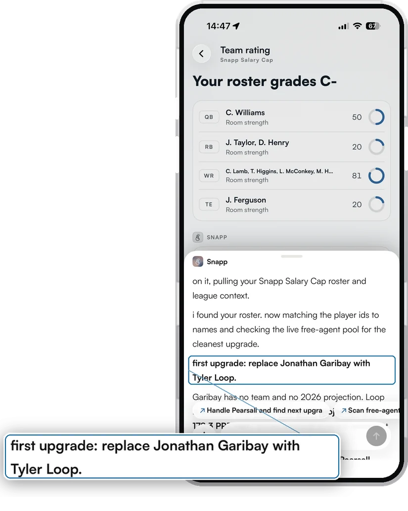 Snapp giving fantasy football waiver wire advice in the app: replace Jonathan Garibay with Tyler Loop, with the reasoning shown